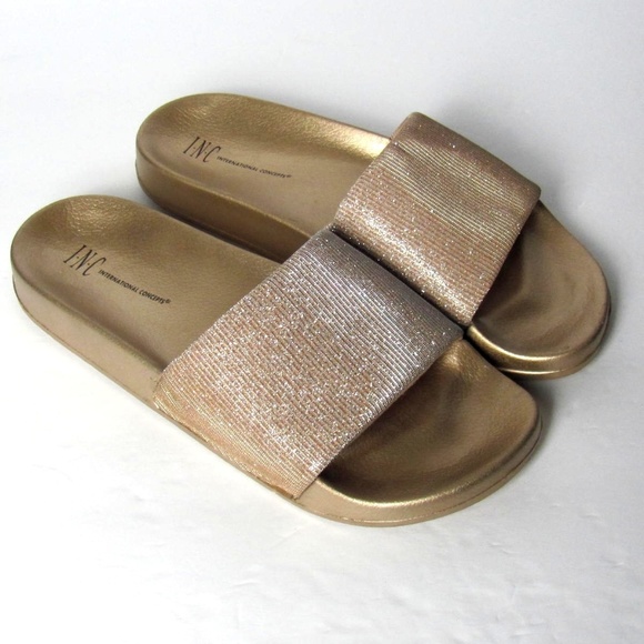 INC International Concepts Shoes - Gold Sparkly Shimmer Slides Sandal Slippers